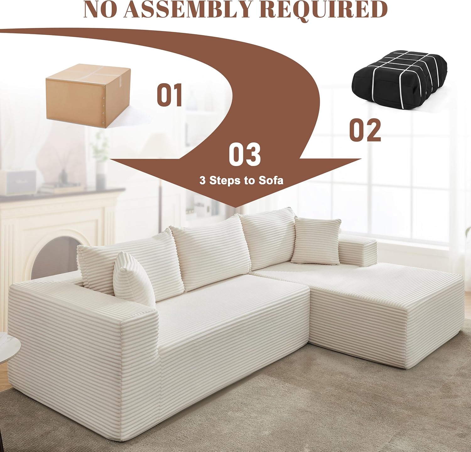 Cloud Sectional Sofa 110" with Chaise – Ultra Deep Seat, Fluffy Modular Couch, No-Assembly L-Shaped Beige Sofa for Cozy Living Rooms