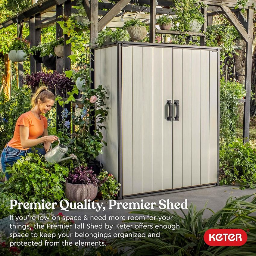 Keter Premier Tall 4.6 x 5.6 ft. Resin Outdoor Storage Shed with Shelving Brackets for Patio Furniture, Pool Accessories, and Bikes, Grey &amp; Black