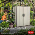 Keter Premier Tall 4.6 x 5.6 ft. Resin Outdoor Storage Shed with Shelving Brackets for Patio Furniture, Pool Accessories, and Bikes, Grey &amp; Black