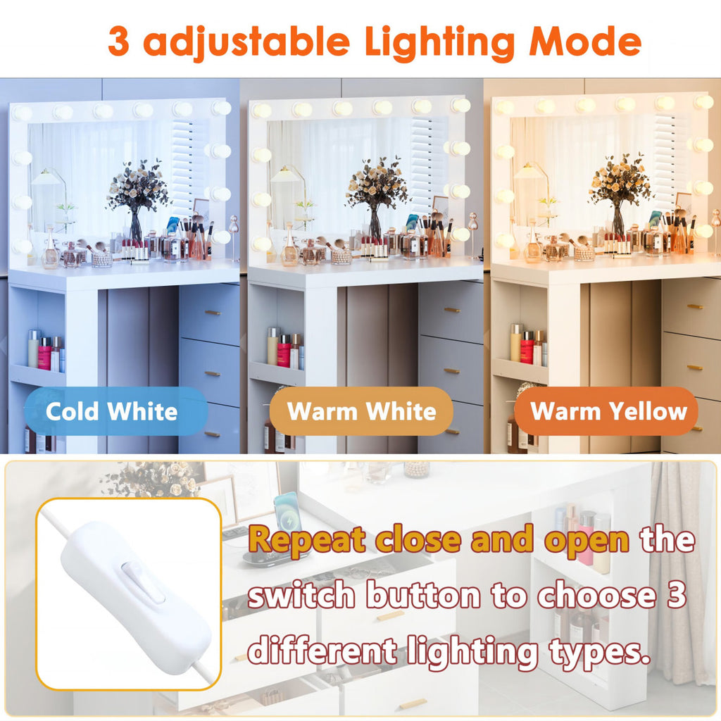 PAKASEP Makeup Vanity Desk with Mirror. 3-Color Lights. Charging Station. 6 Drawers. and Side Storage Shelves for Bedroom. White Vanity Dressing Table