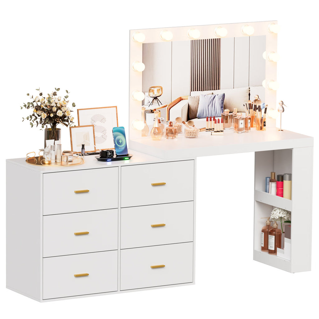 PAKASEP Makeup Vanity Desk with Mirror. 3-Color Lights. Charging Station. 6 Drawers. and Side Storage Shelves for Bedroom. White Vanity Dressing Table