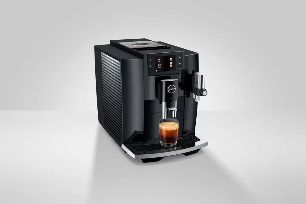 JURA E8 EC Automatic Bean-to-Cup Coffee Machine – Piano Black, Dark Grey & Titanium Grey, 17 Barista-Style Drinks at One Touch