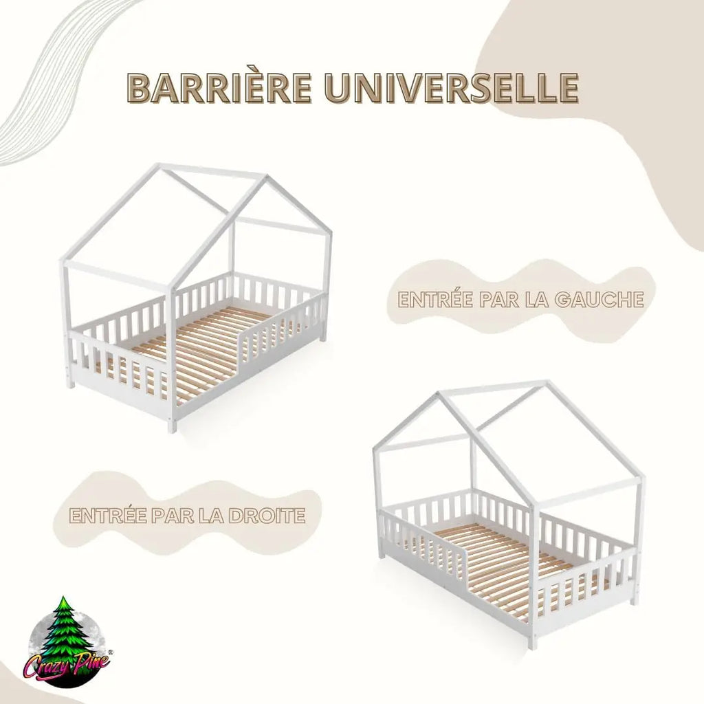 Crazy Pine Cabin Bed 160x80 cm – Natural Wood Children's Bed with Barrier – Montessori Floor Bed with Height-Adjustable Legs and Removable Barrier - Crazy House