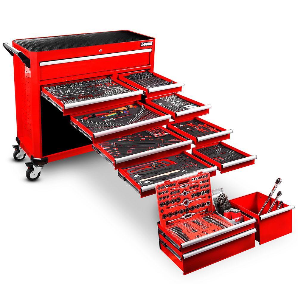 Daytona 655 Piece Mechanical Tool Set with 43" 12 Drawer Red Roller Cabinet