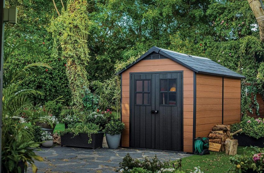 Keter Newton 7.5x11 Large Resin Outdoor Storage Shed Kit &ndash; Perfect to Store Patio Furniture, Garden Tools, Bike Accessories, and Lawn Mower, Mahogany Brown