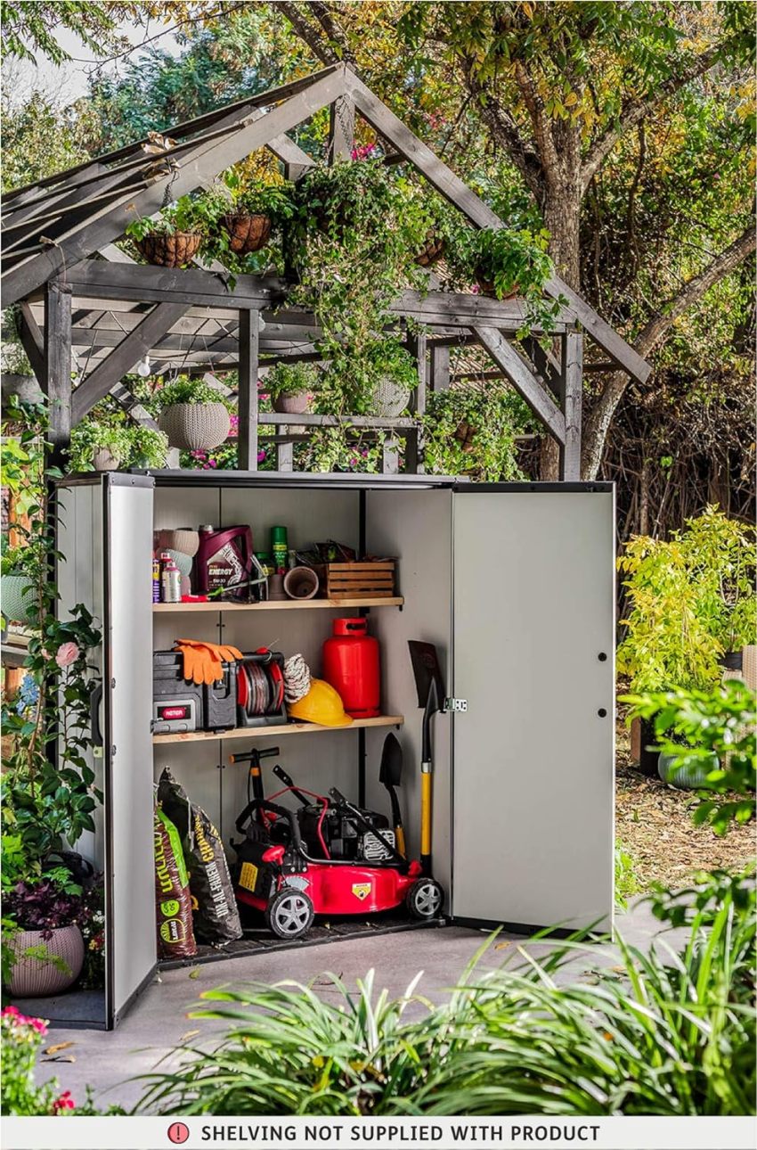Keter Premier Tall 4.6 x 5.6 ft. Resin Outdoor Storage Shed with Shelving Brackets for Patio Furniture, Pool Accessories, and Bikes, Grey &amp; Black